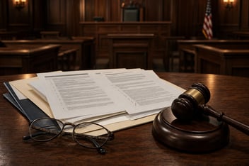 Legal documents, glasses and a gavel on a table in an empty courtroom