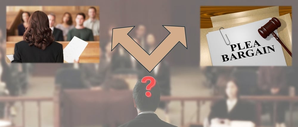 Arrows pointing to a courtroom trial and a plea bargain document