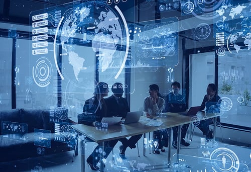 A group of High Tech Professionals having a discussion with a high tech overlay.